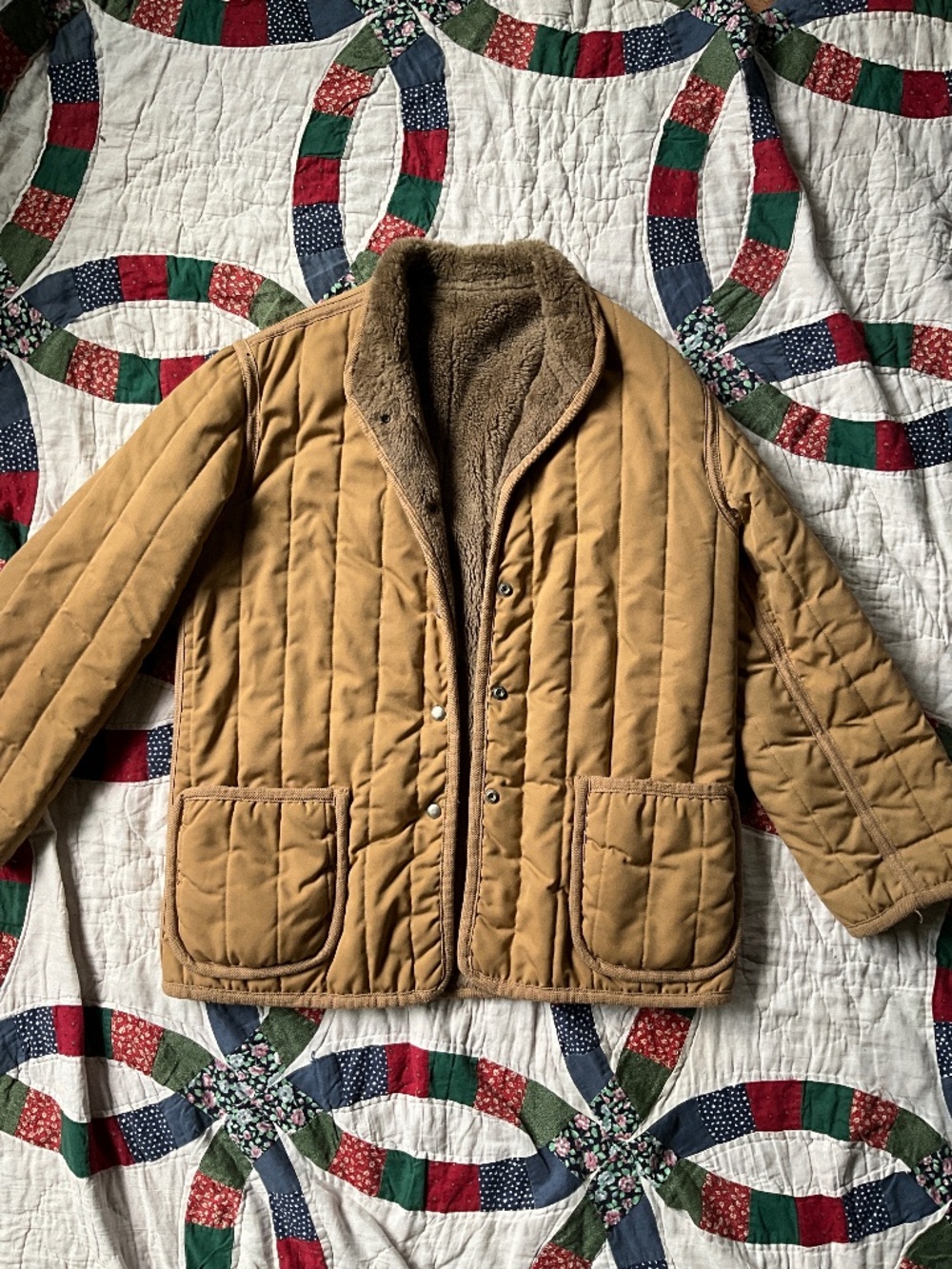 Vintage, faux fur-lined, brown quilted workwear jacket -M-